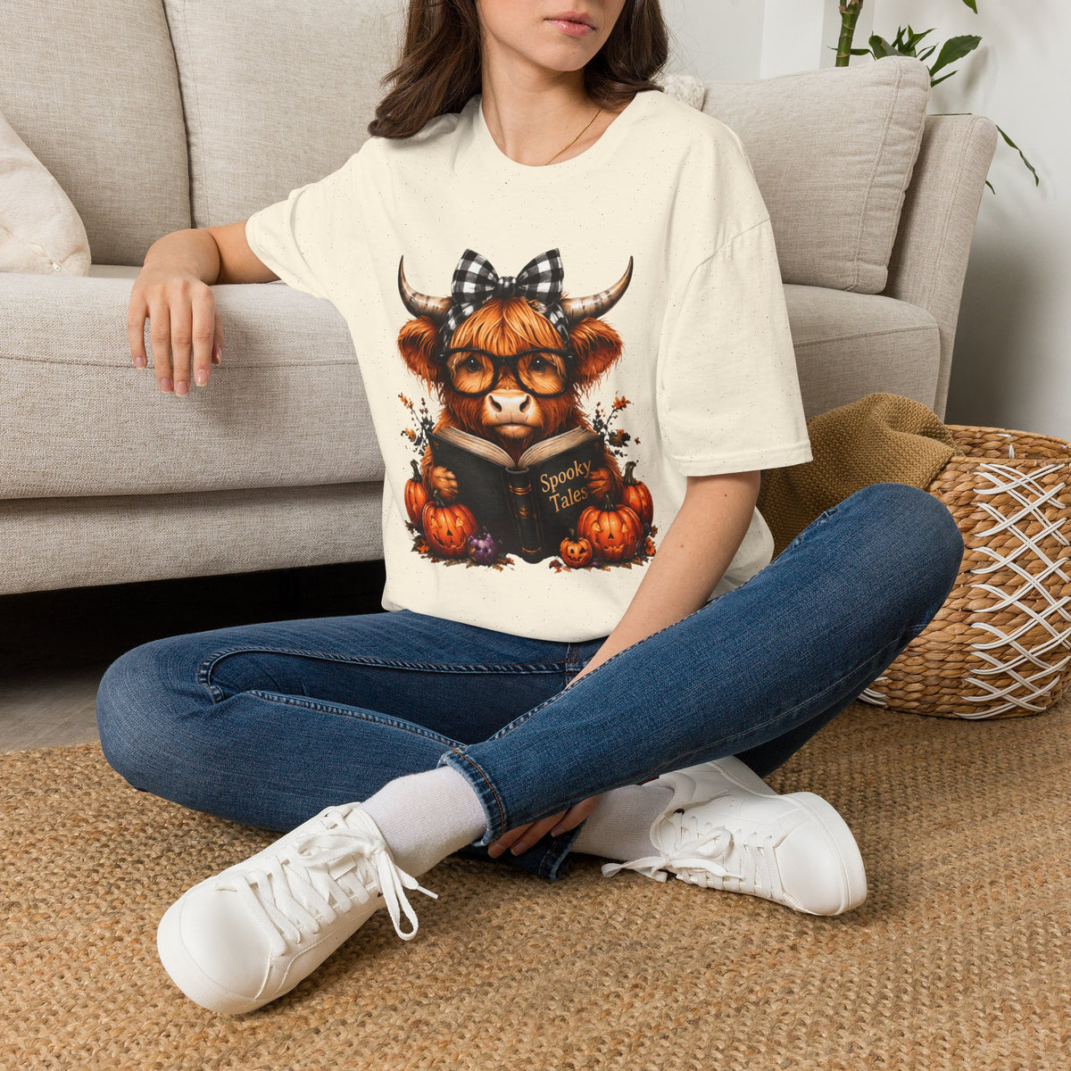 Highland Cow T-Shirt — Cute Plaid Bow Autumn Graphic Tee (Pumpkin Spice)