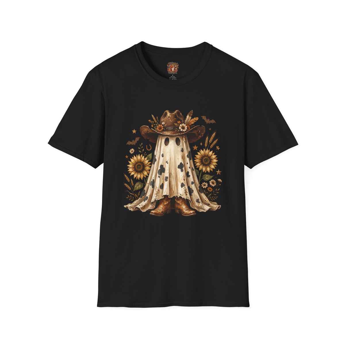 Ghost in Sunflowers T-Shirt — Fall Scarecrow Hat Halloween Tee