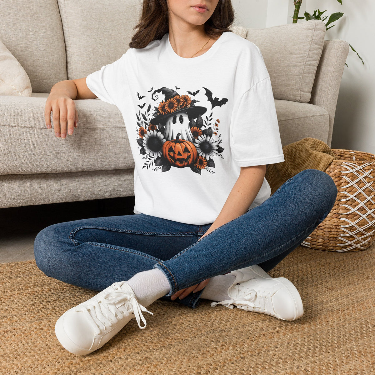 Halloween Pumpkin Ghost T‑Shirt — Floral Witch Hat & Bats Tee
