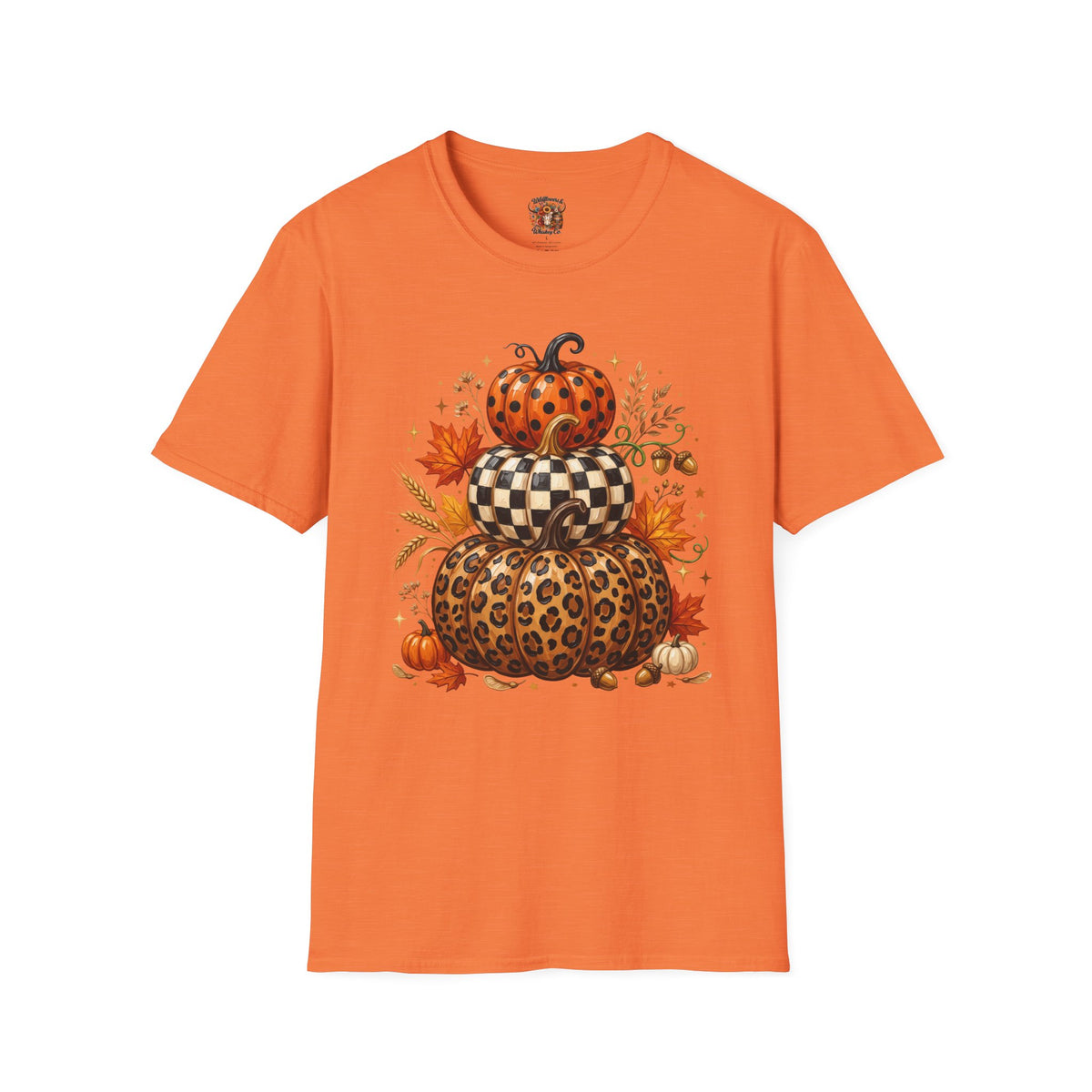 Stacked Pattern Pumpkins T-Shirt — Fall Leopard & Check Halloween Tee