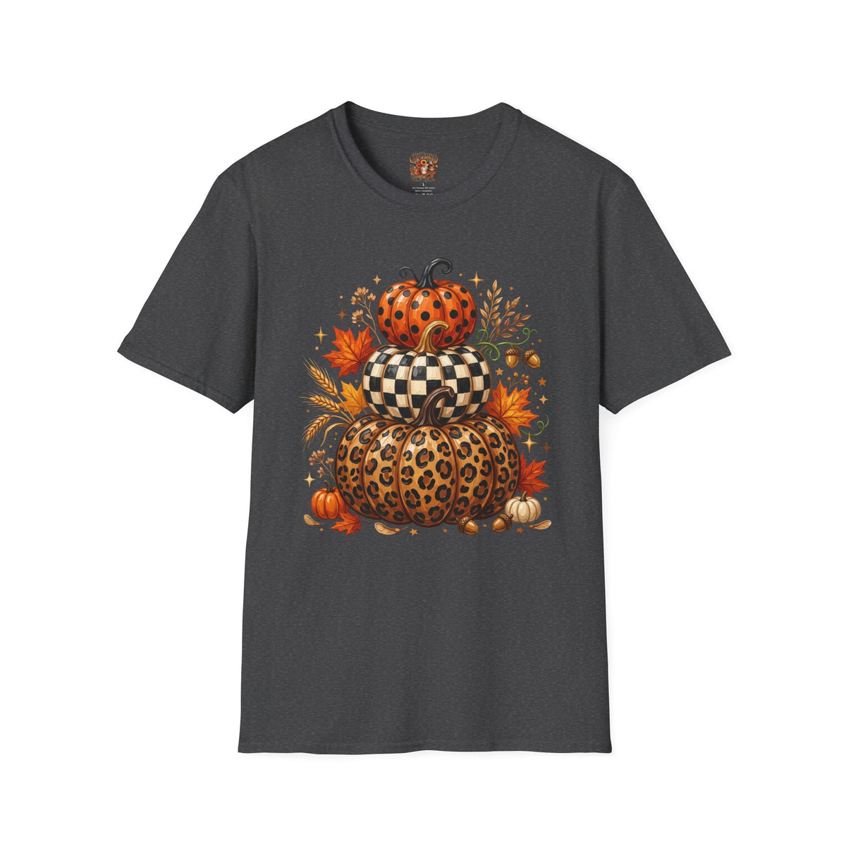 Stacked Pattern Pumpkins T-Shirt — Fall Leopard & Check Halloween Tee