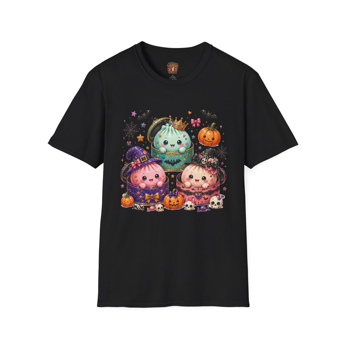 Cute Halloween Pumpkin Dumpling T-Shirt — Kawaii Witch & Crowned Pumpkin Design