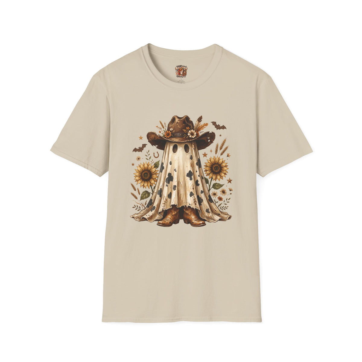Ghost in Sunflowers T-Shirt — Fall Scarecrow Hat Halloween Tee