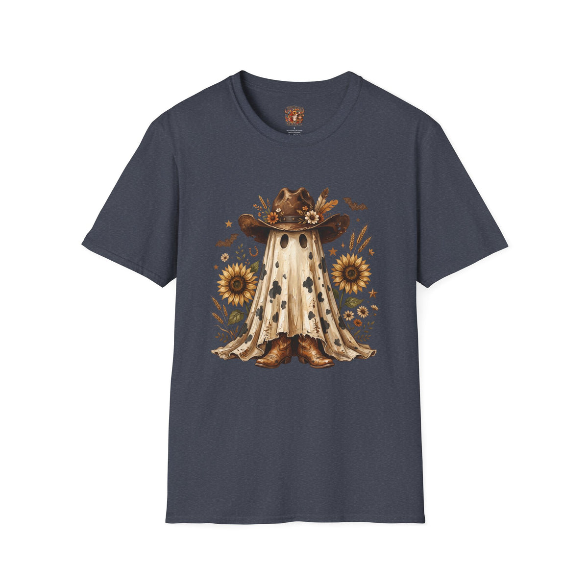 Ghost in Sunflowers T-Shirt — Fall Scarecrow Hat Halloween Tee