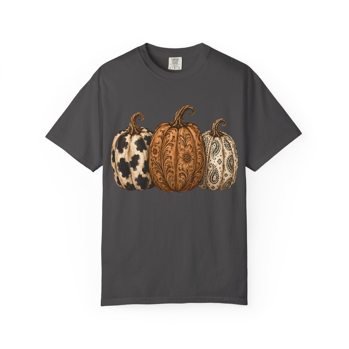Pumpkin Trio Graphic T-Shirt — Rustic Paisley & Cowhide Fall Tee