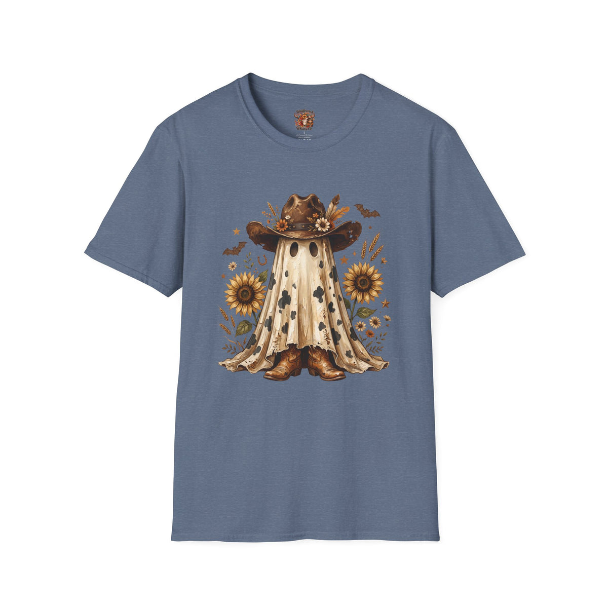 Ghost in Sunflowers T-Shirt — Fall Scarecrow Hat Halloween Tee