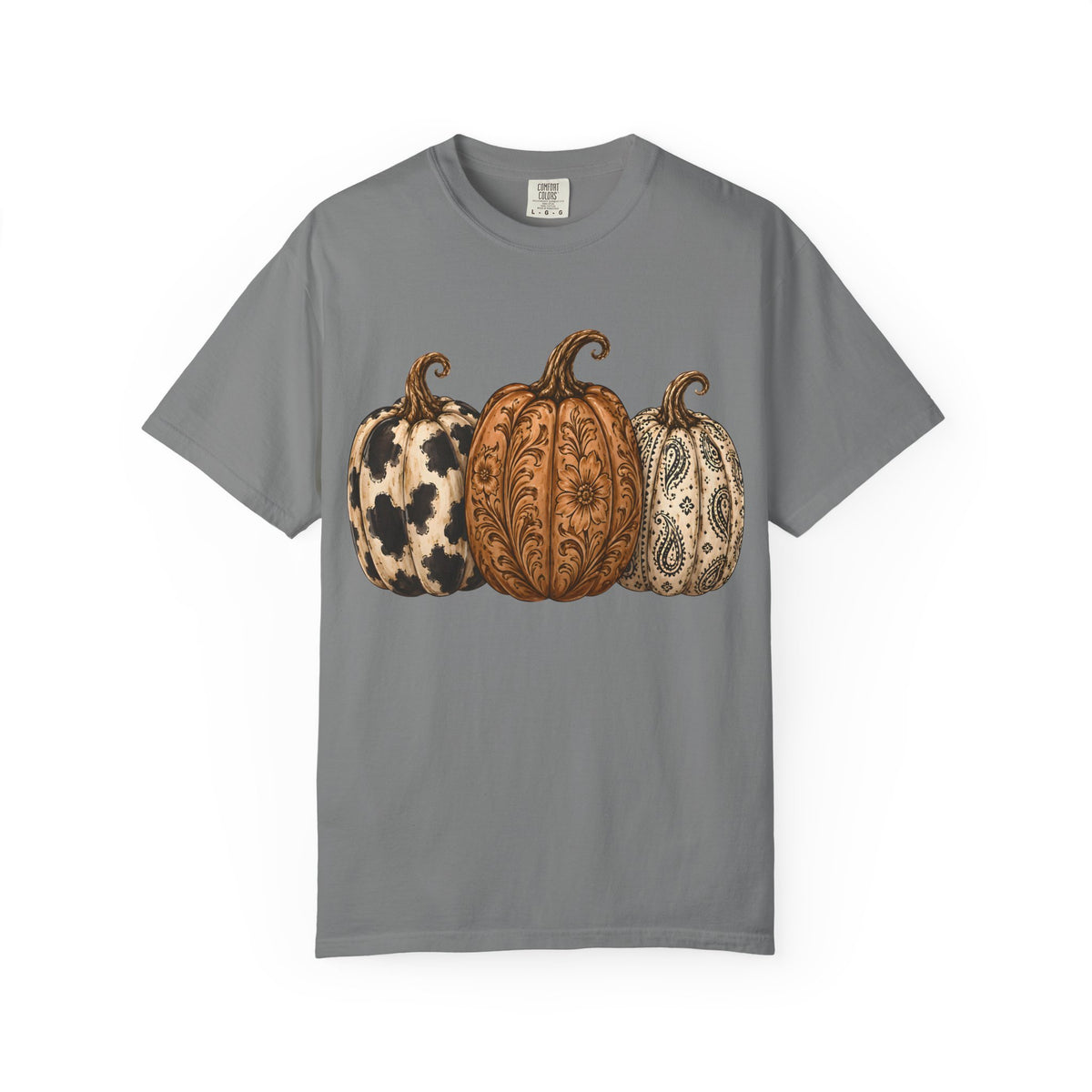 Pumpkin Trio Graphic T-Shirt — Rustic Paisley & Cowhide Fall Tee