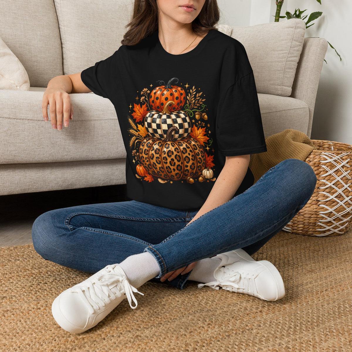 Stacked Pattern Pumpkins T-Shirt — Fall Leopard & Check Halloween Tee
