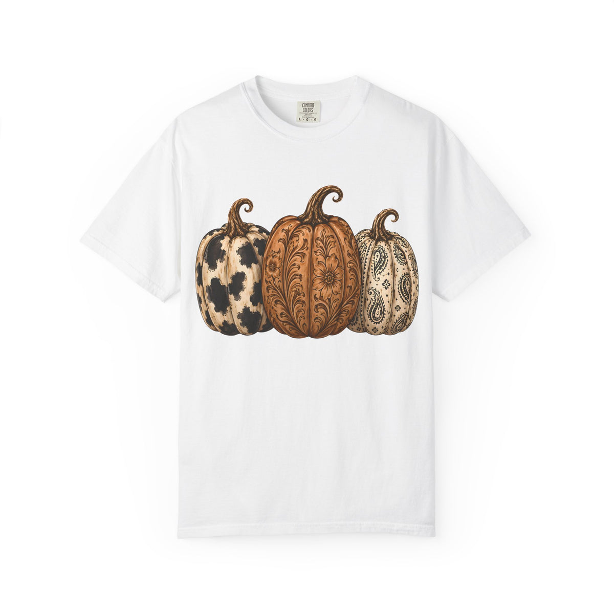 Pumpkin Trio Graphic T-Shirt — Rustic Paisley & Cowhide Fall Tee