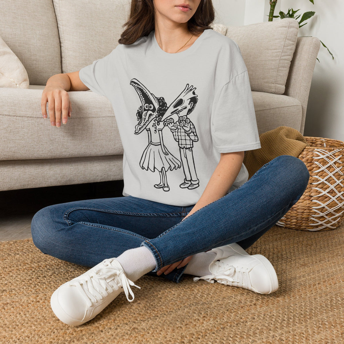 Bird Skull Duo T-Shirt — Quirky Gothic Cartoon Tee