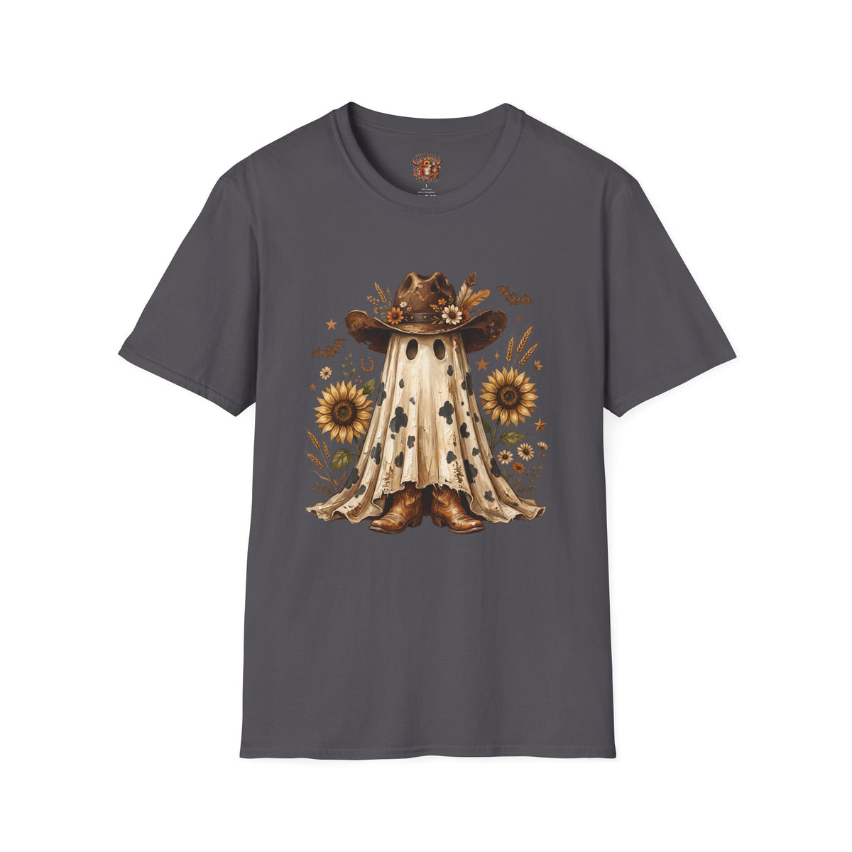Ghost in Sunflowers T-Shirt — Fall Scarecrow Hat Halloween Tee