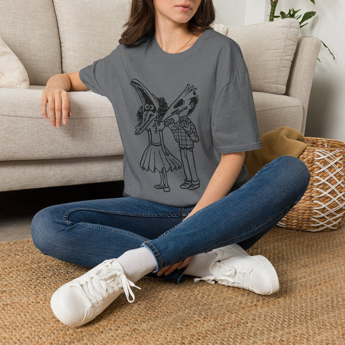 Bird Skull Duo T-Shirt — Quirky Gothic Cartoon Tee