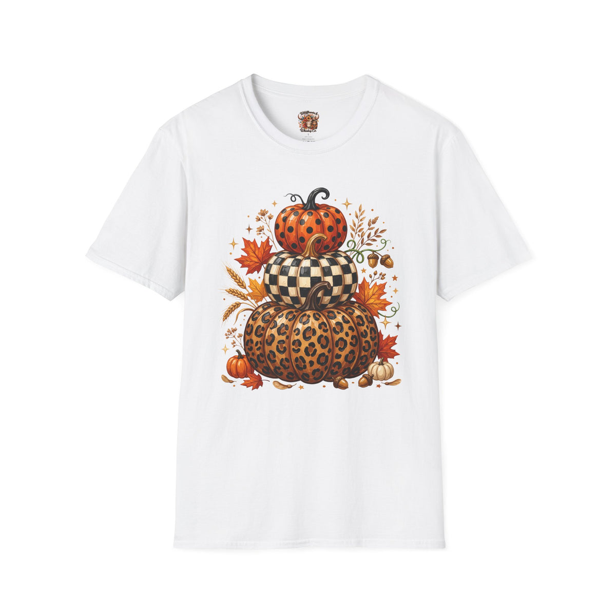 Stacked Pattern Pumpkins T-Shirt — Fall Leopard & Check Halloween Tee