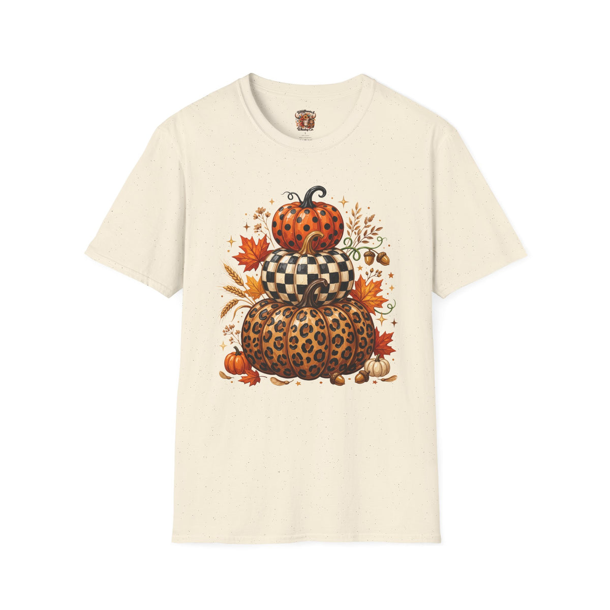 Stacked Pattern Pumpkins T-Shirt — Fall Leopard & Check Halloween Tee