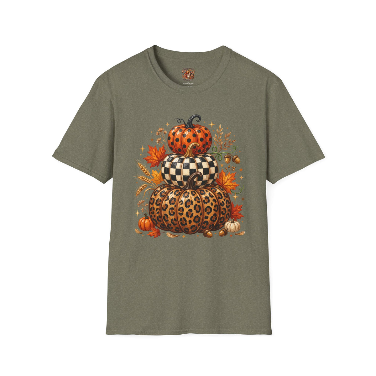 Stacked Pattern Pumpkins T-Shirt — Fall Leopard & Check Halloween Tee