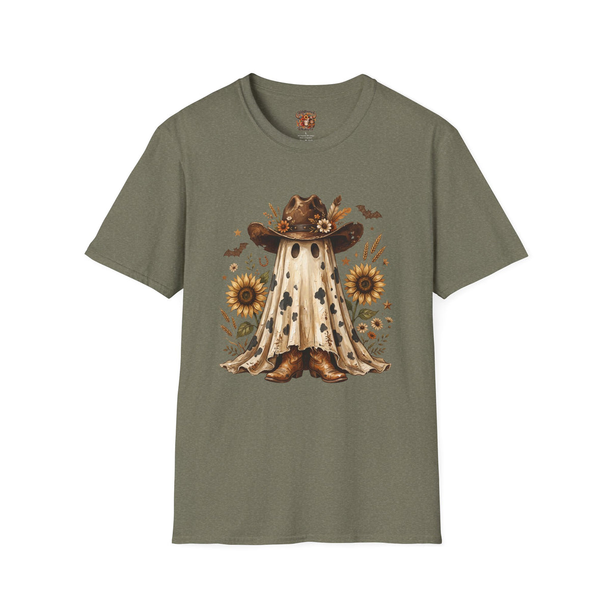 Ghost in Sunflowers T-Shirt — Fall Scarecrow Hat Halloween Tee