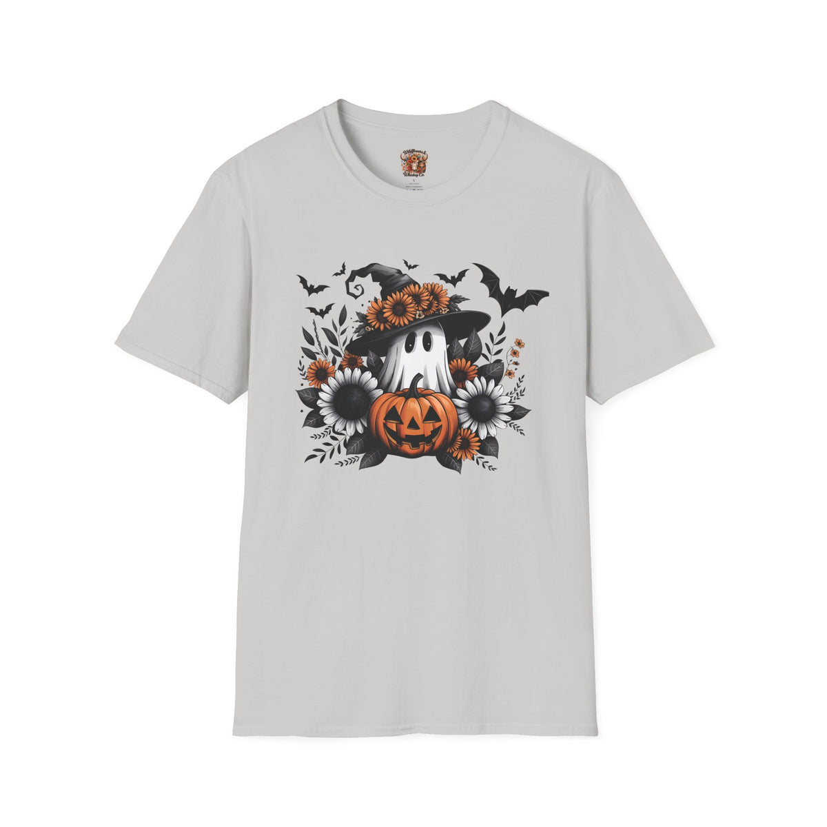 Halloween Pumpkin Ghost T‑Shirt — Floral Witch Hat & Bats Tee