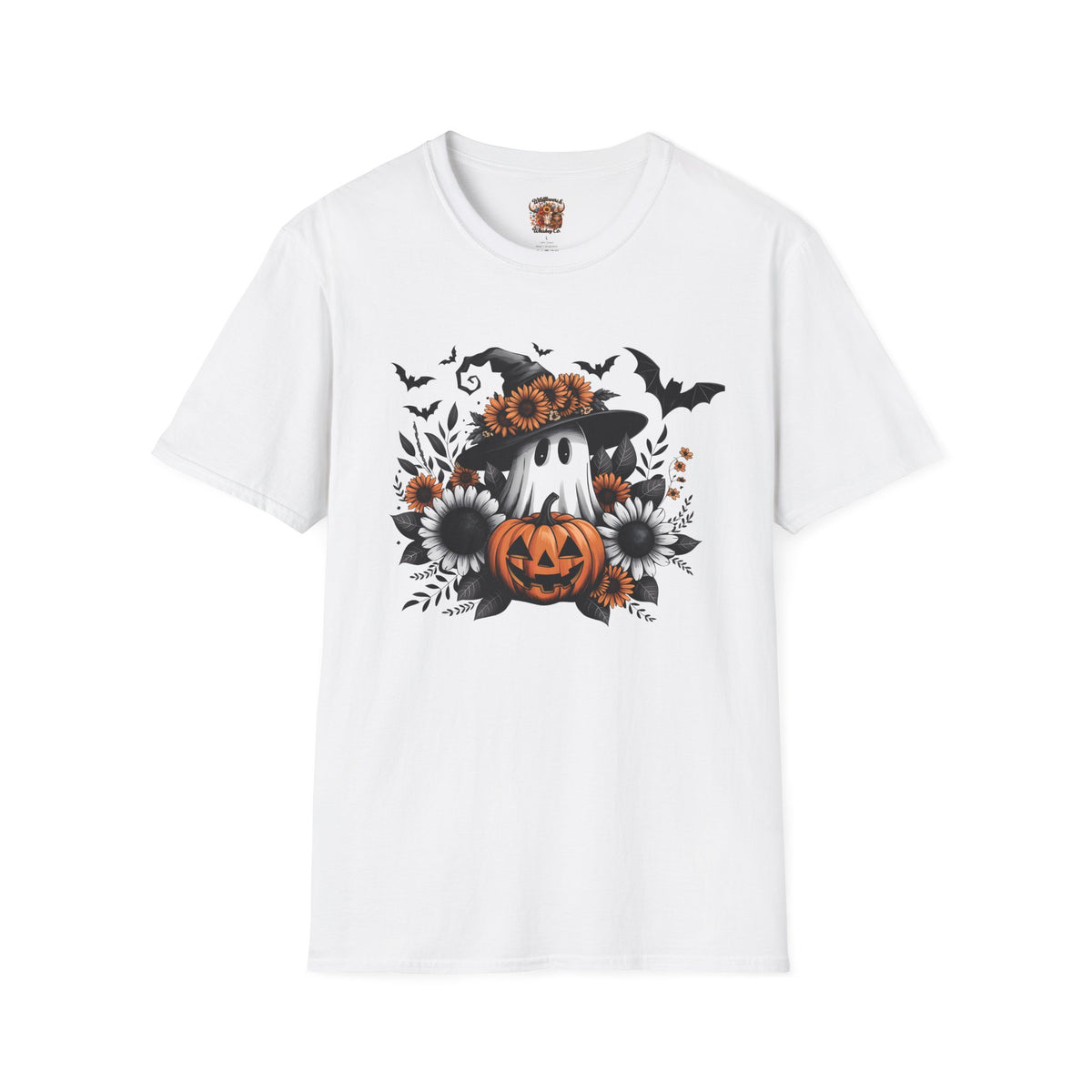 Halloween Pumpkin Ghost T‑Shirt — Floral Witch Hat & Bats Tee