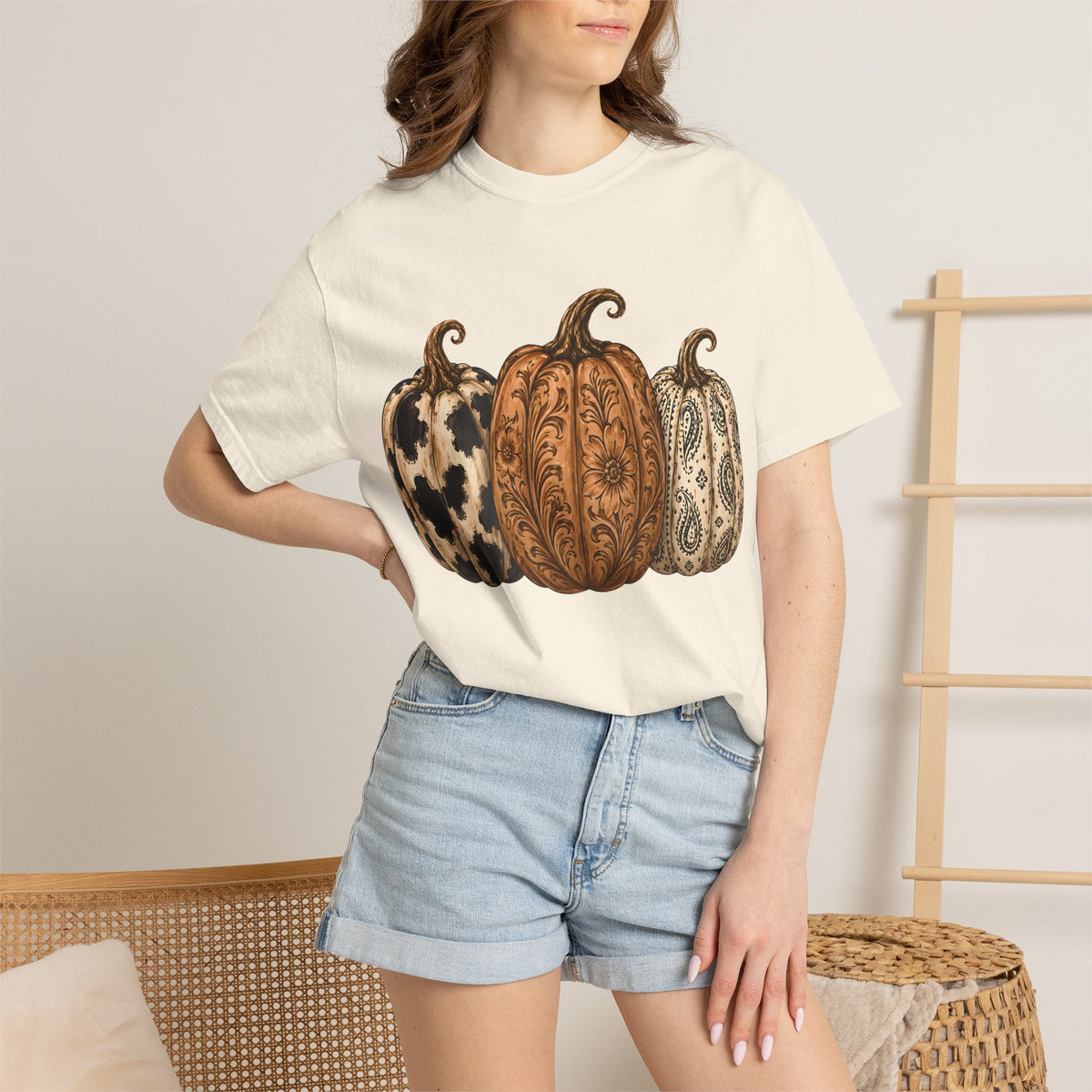 Pumpkin Trio Graphic T-Shirt — Rustic Paisley & Cowhide Fall Tee