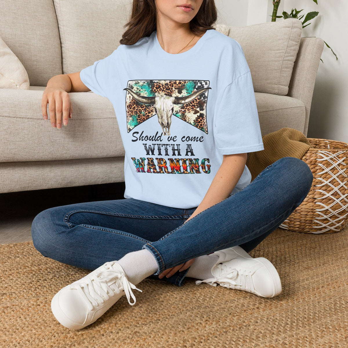 Western Bull Skull T-Shirt — "Should’ve Come With a Warning" Leopard & Turquoise Design