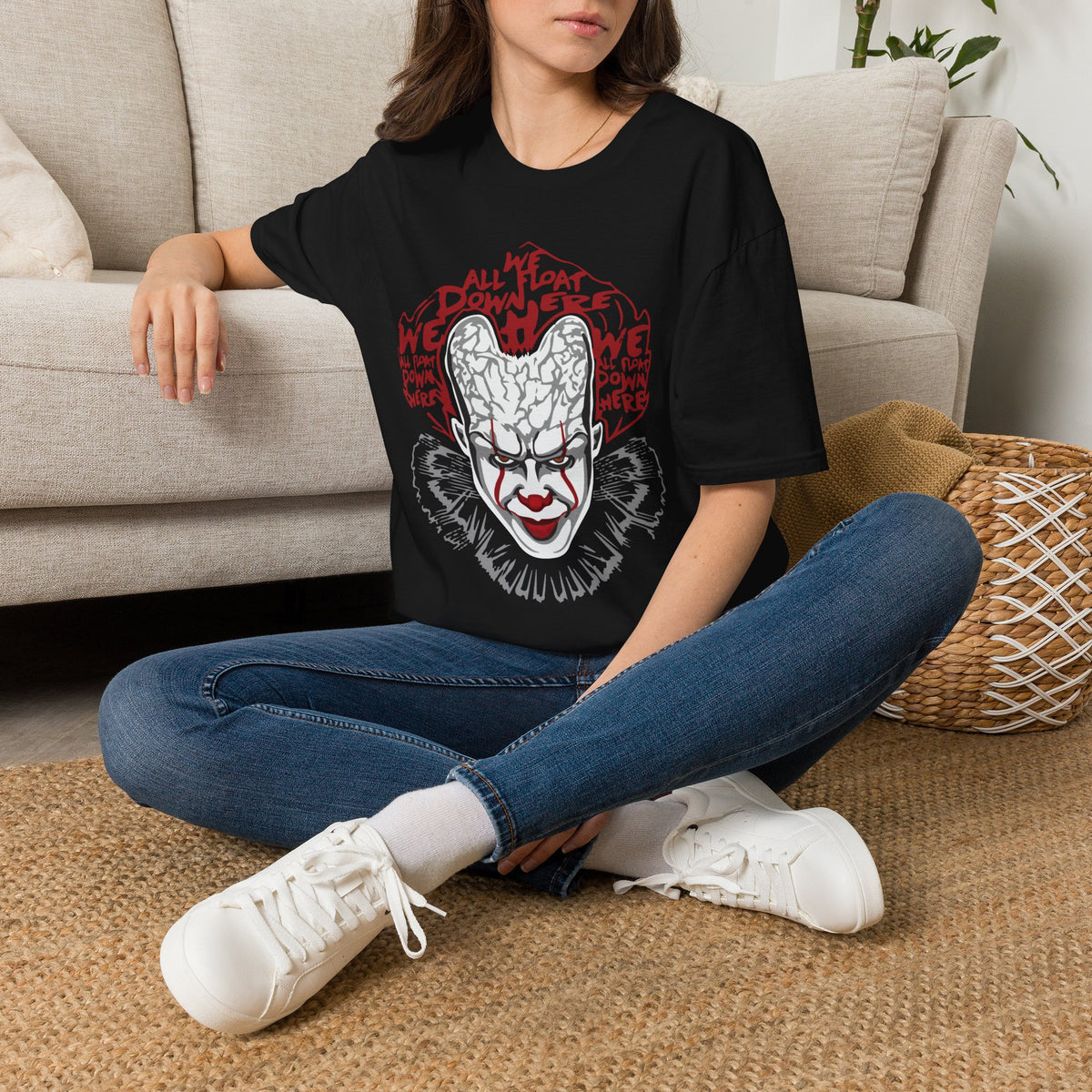 Horror Clown Graphic T-Shirt — "We All Float Down Here" Scary Face Tee