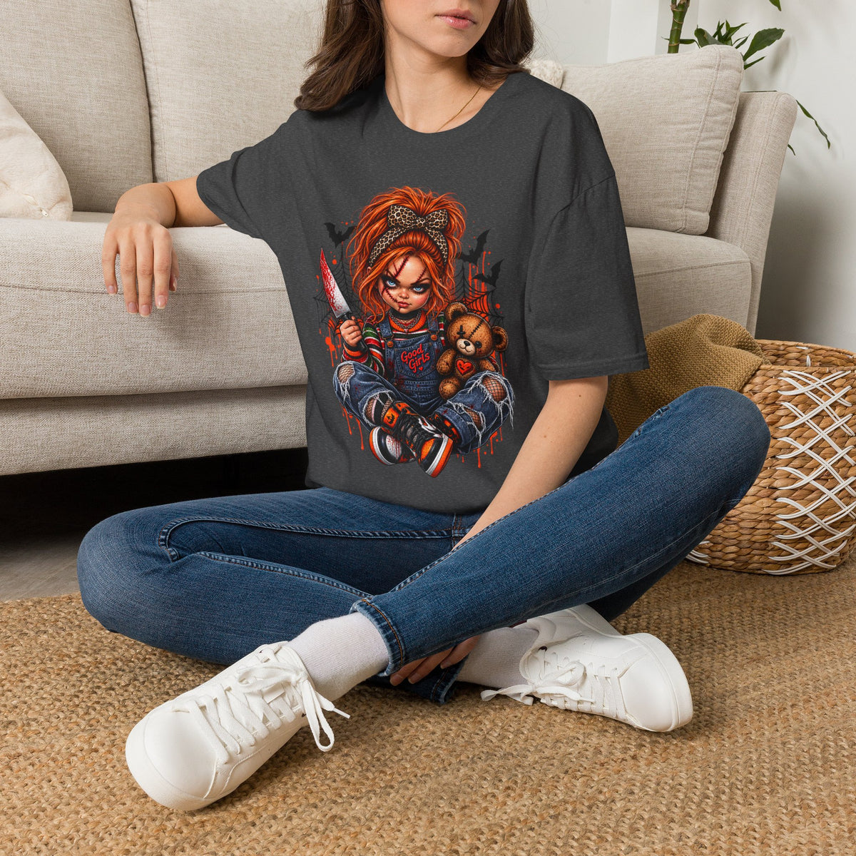 Good Girl Doll T-Shirt — Creepy Girl with Knife & Teddy Graphic Tee