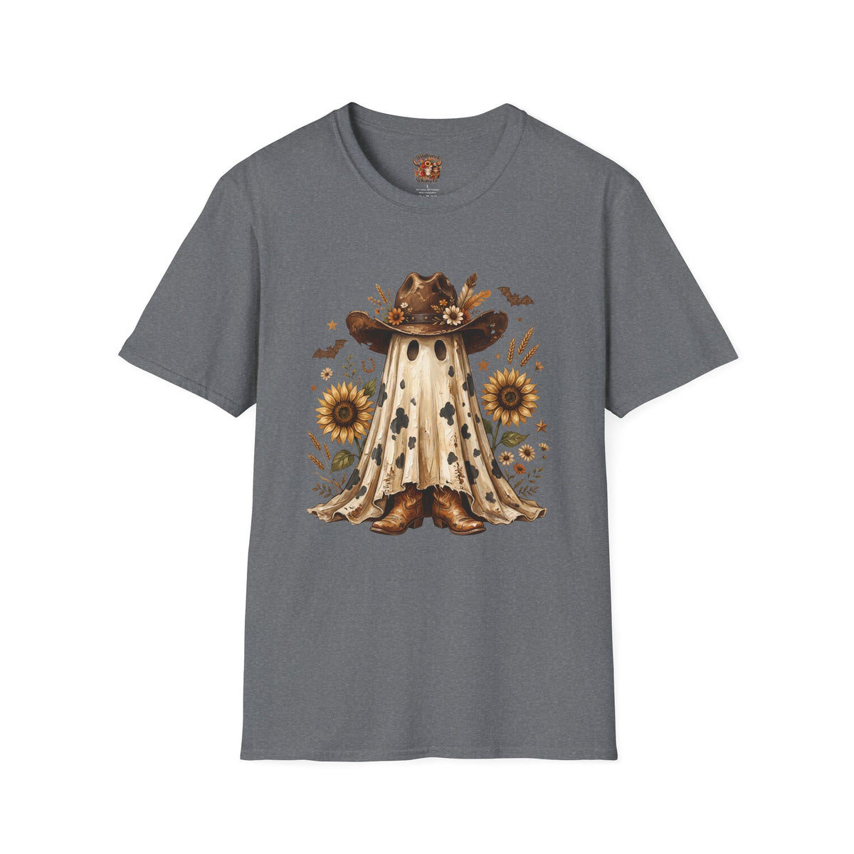 Ghost in Sunflowers T-Shirt — Fall Scarecrow Hat Halloween Tee