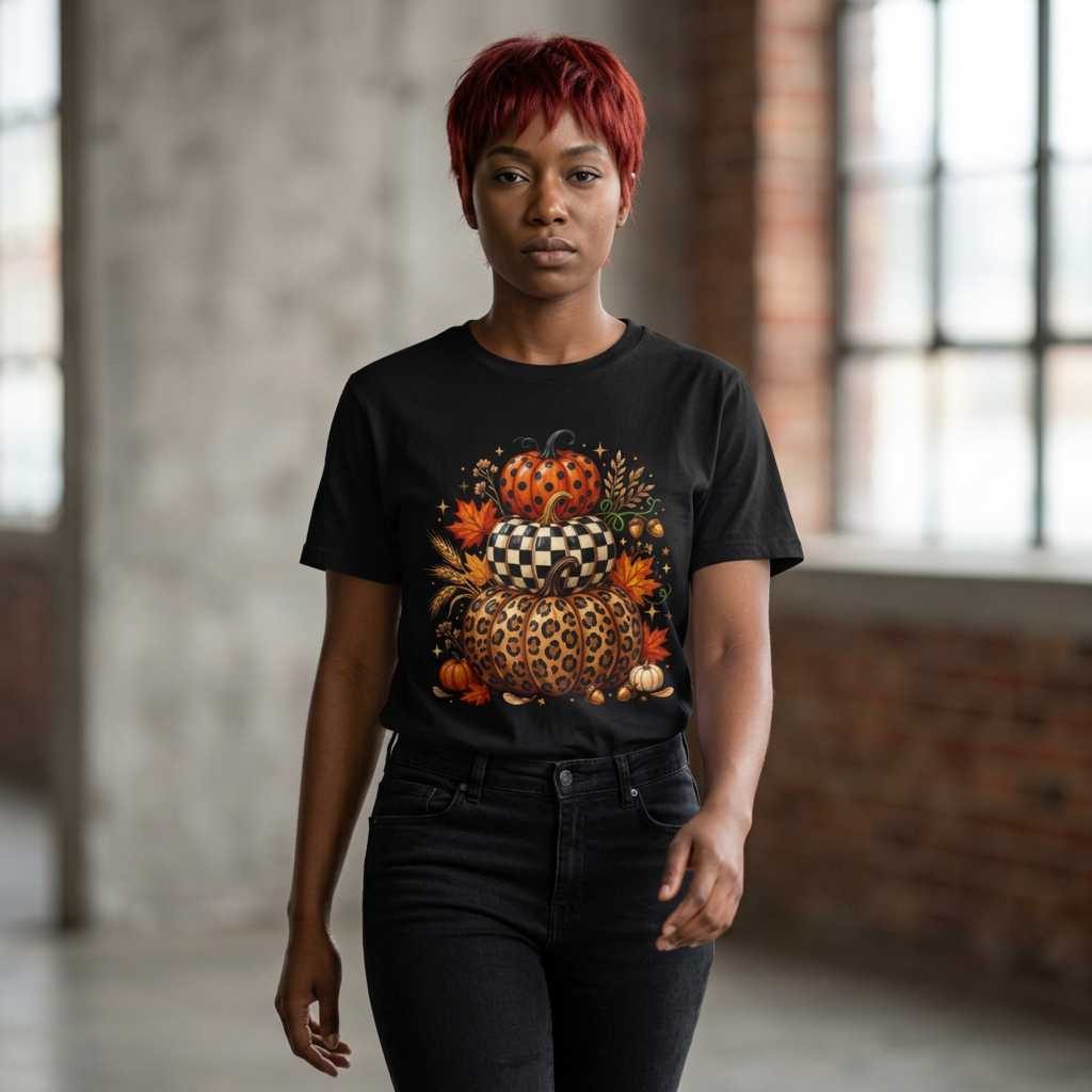 Stacked Pattern Pumpkins T-Shirt — Fall Leopard & Check Halloween Tee