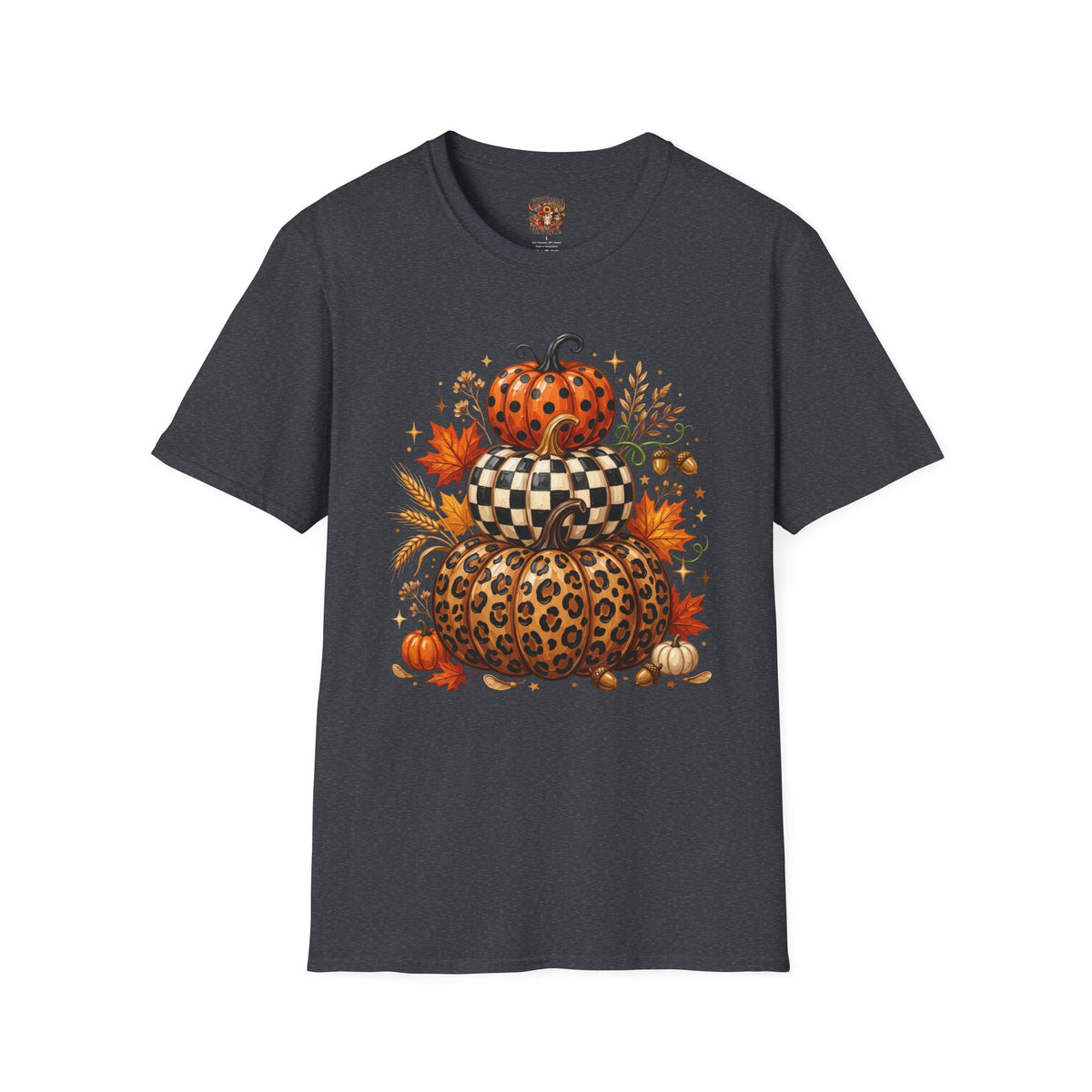 Stacked Pattern Pumpkins T-Shirt — Fall Leopard & Check Halloween Tee