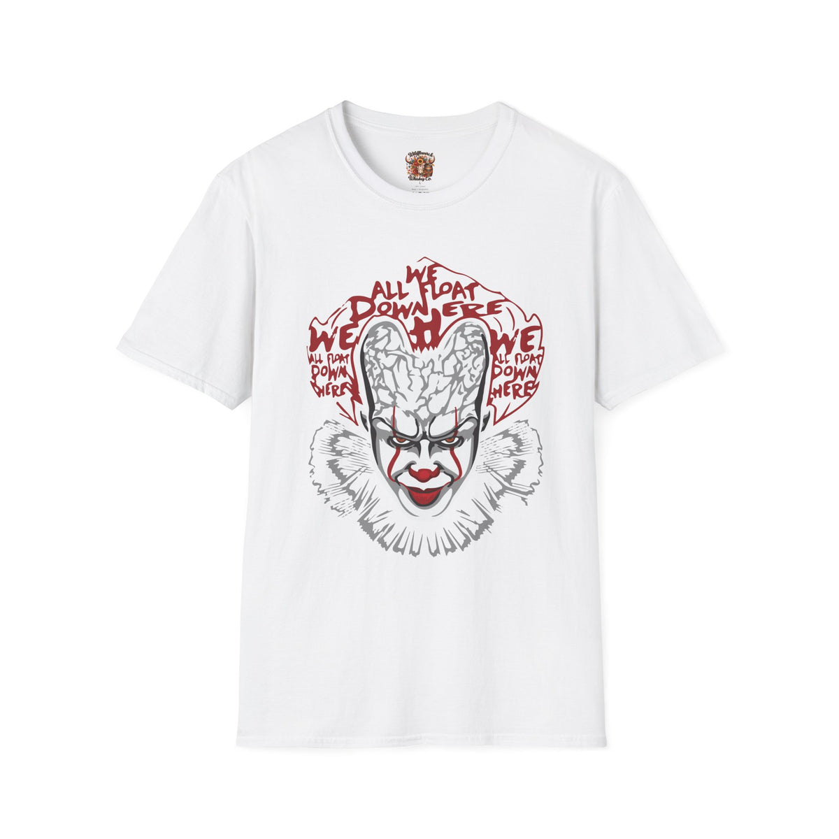 Horror Clown Graphic T-Shirt — "We All Float Down Here" Scary Face Tee