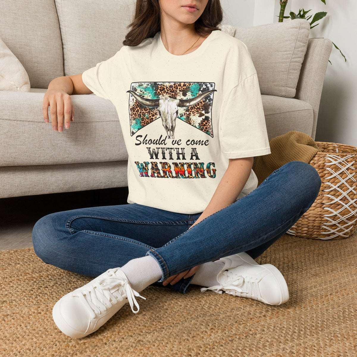 Western Bull Skull T-Shirt — "Should’ve Come With a Warning" Leopard & Turquoise Design