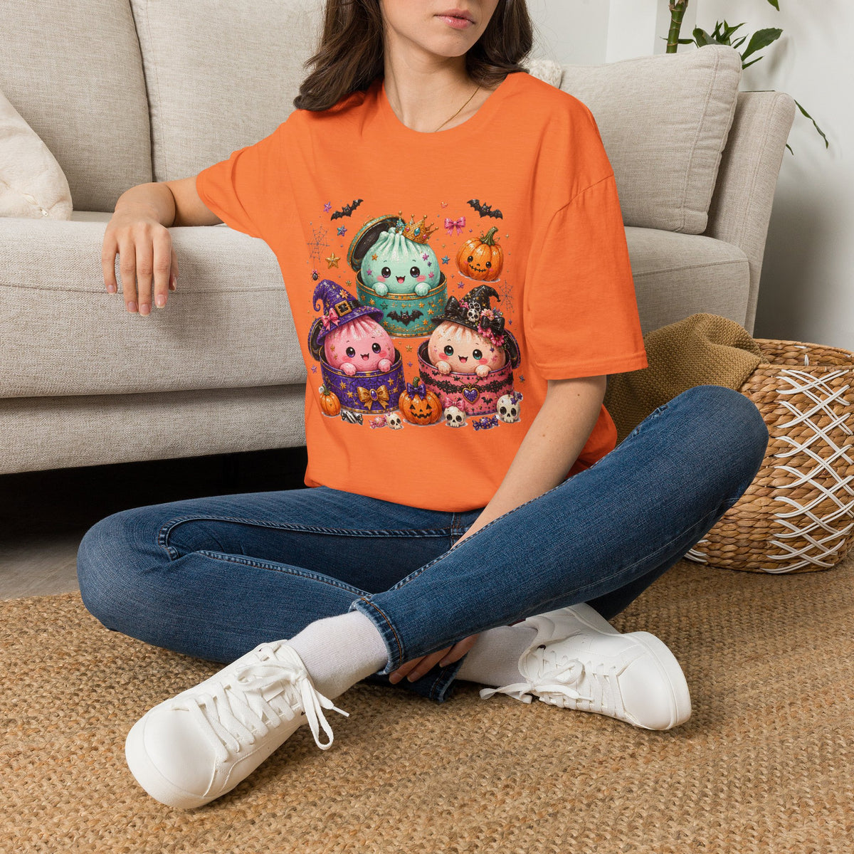 Cute Halloween Pumpkin Dumpling T-Shirt — Kawaii Witch & Crowned Pumpkin Design