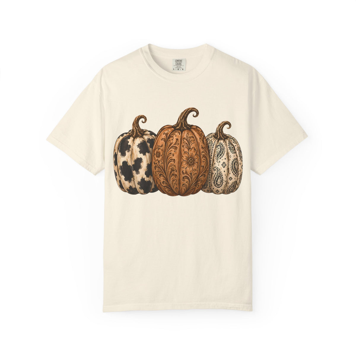 Pumpkin Trio Graphic T-Shirt — Rustic Paisley & Cowhide Fall Tee