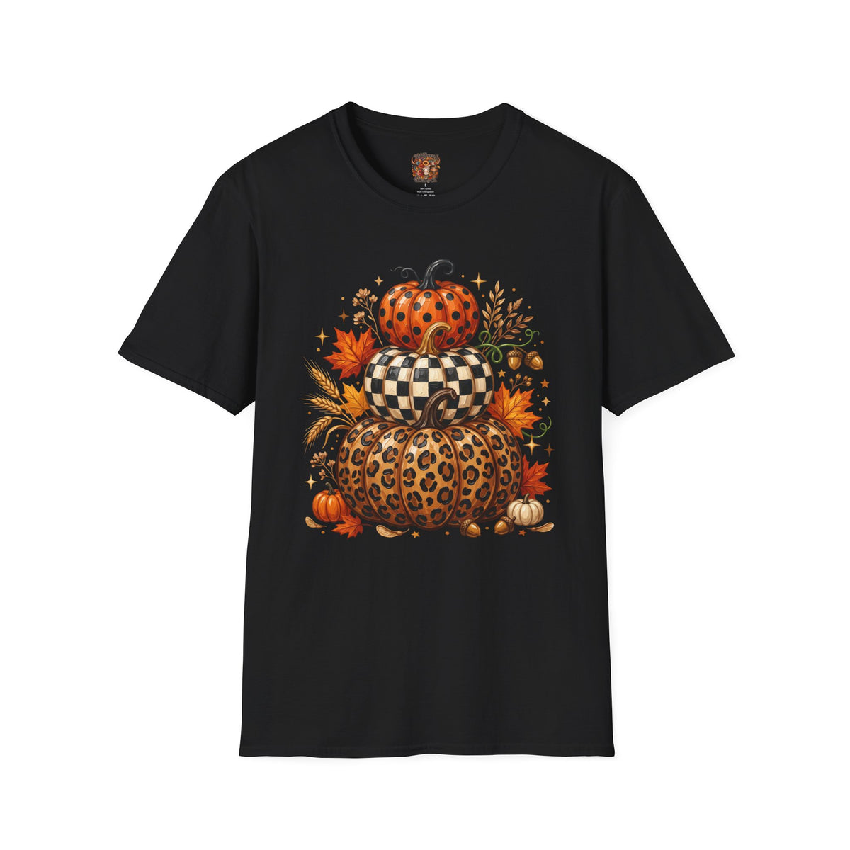 Stacked Pattern Pumpkins T-Shirt — Fall Leopard & Check Halloween Tee