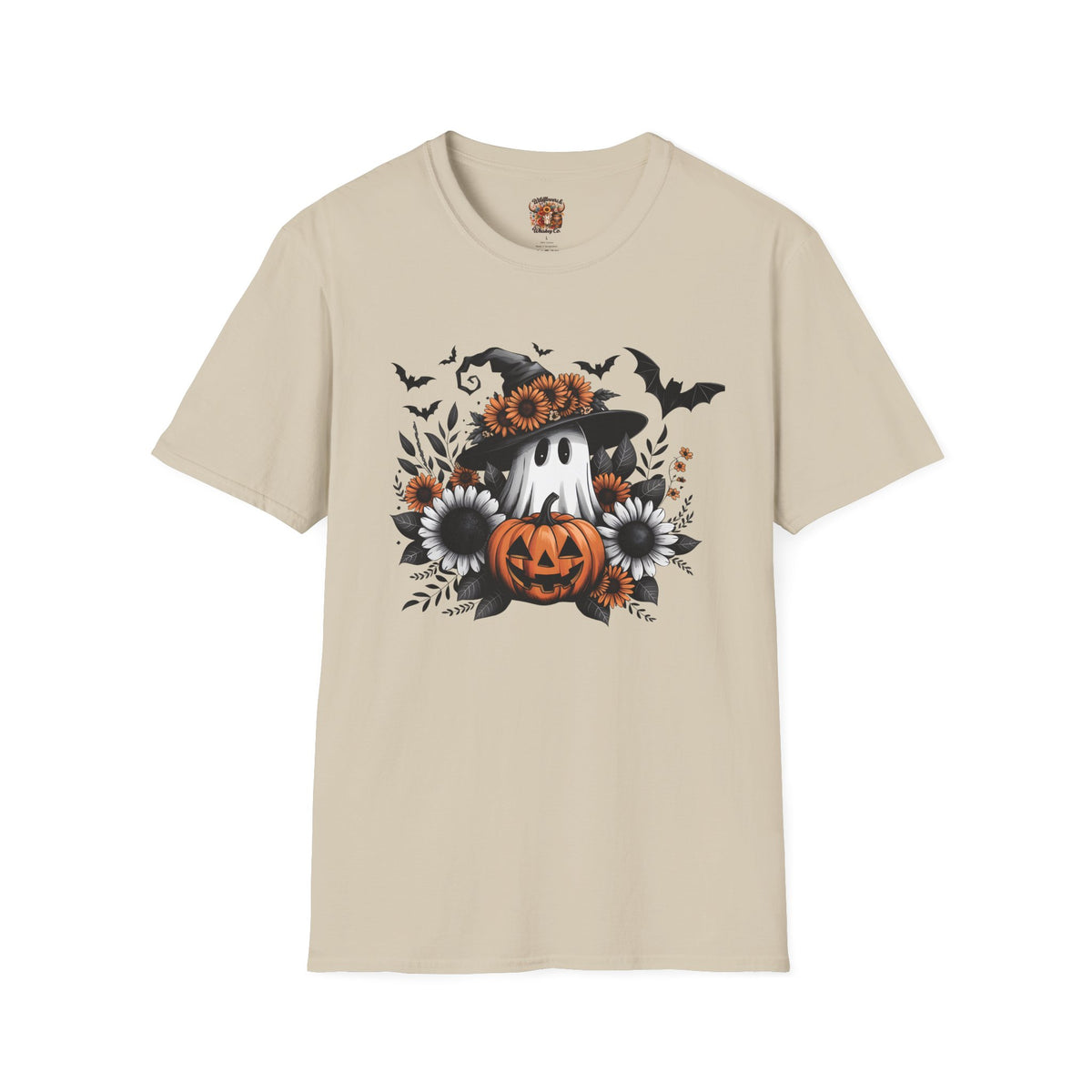 Halloween Pumpkin Ghost T‑Shirt — Floral Witch Hat & Bats Tee