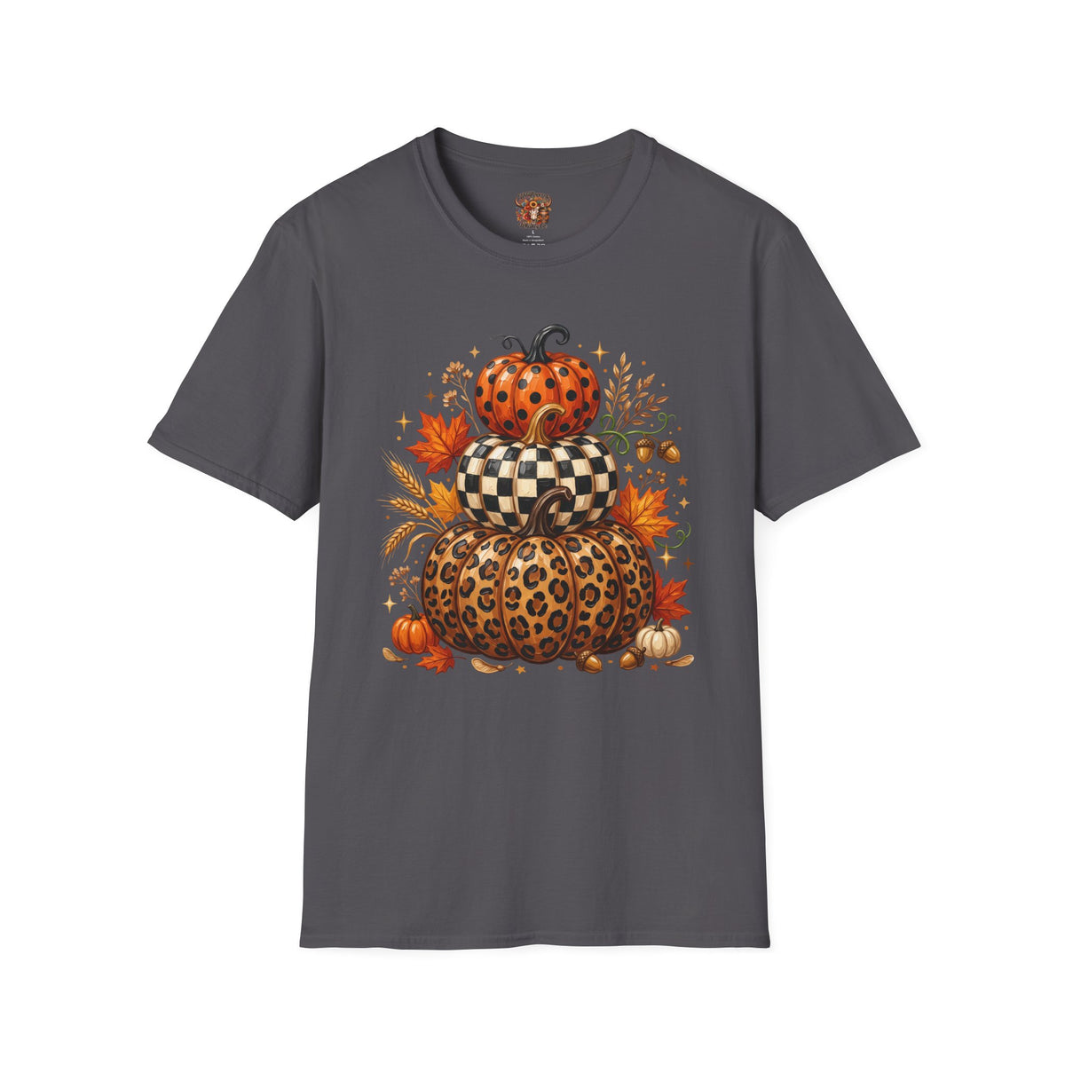 Stacked Pattern Pumpkins T-Shirt — Fall Leopard & Check Halloween Tee
