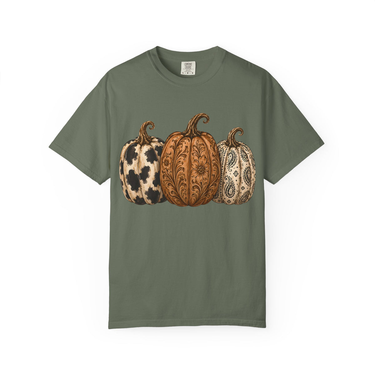 Pumpkin Trio Graphic T-Shirt — Rustic Paisley & Cowhide Fall Tee