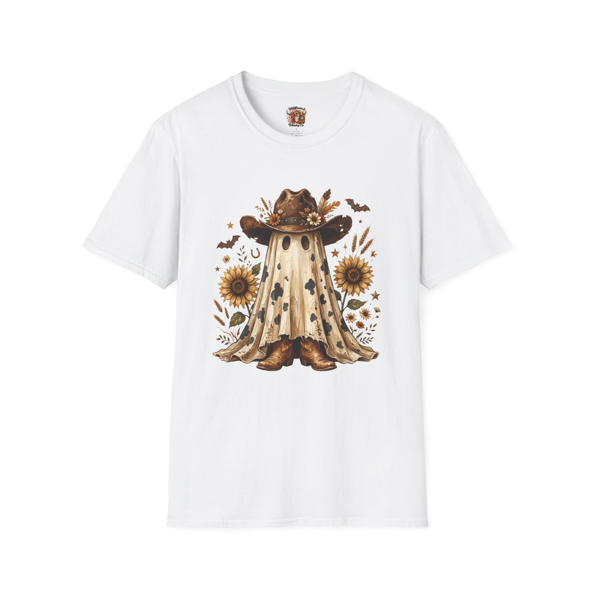 Ghost in Sunflowers T-Shirt — Fall Scarecrow Hat Halloween Tee