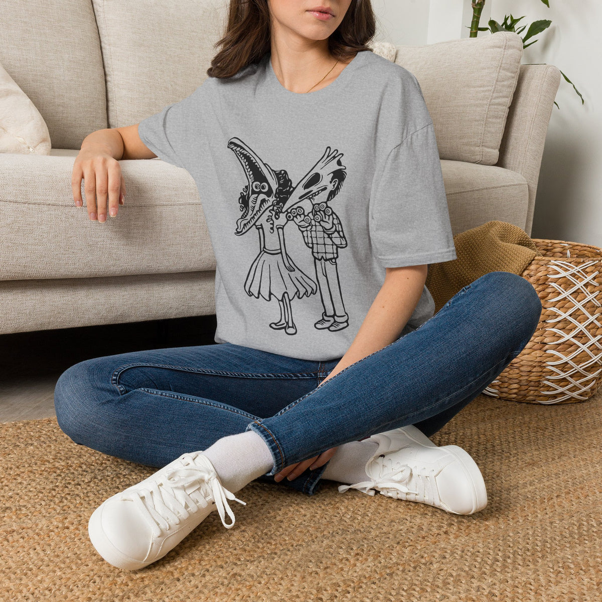 Bird Skull Duo T-Shirt — Quirky Gothic Cartoon Tee