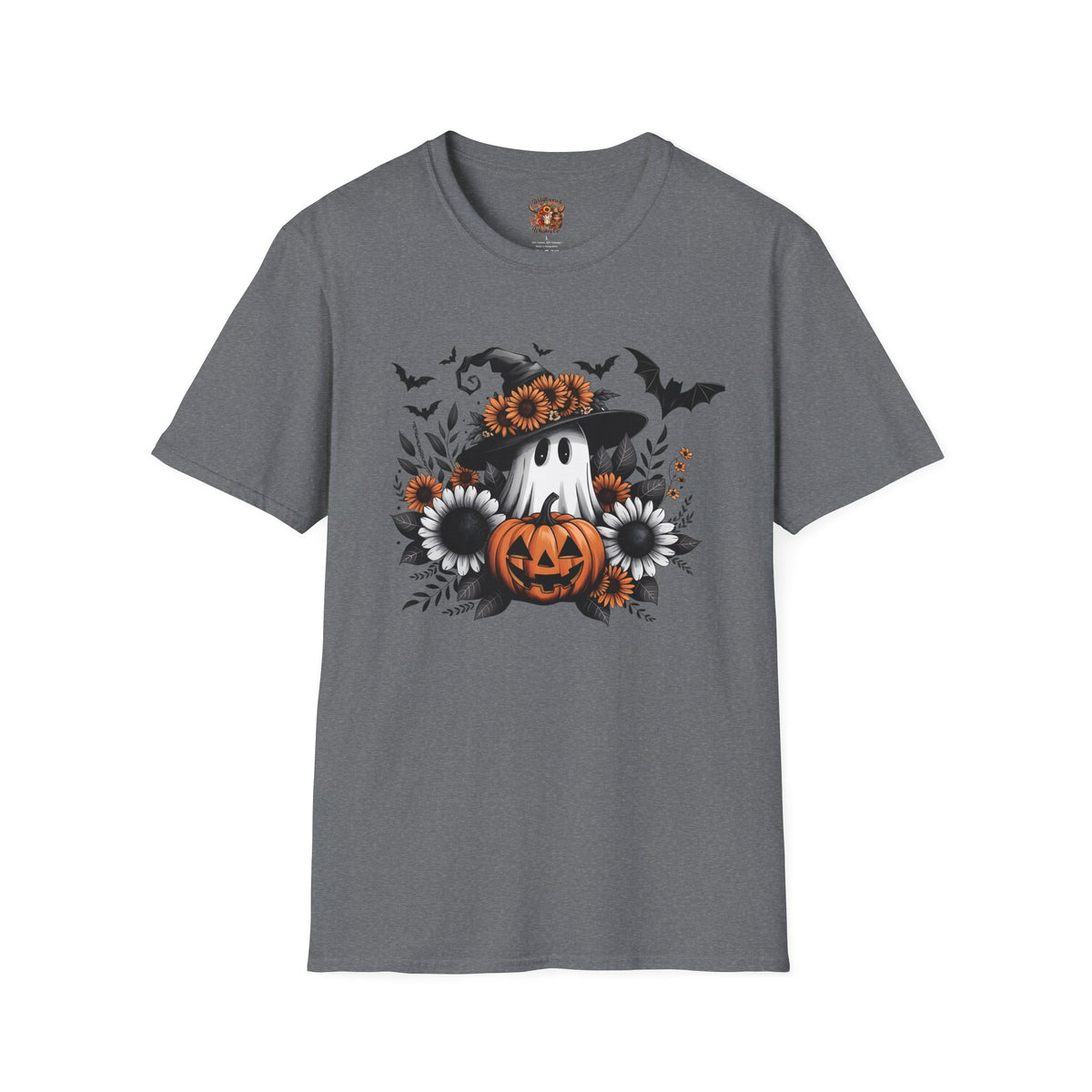 Halloween Pumpkin Ghost T‑Shirt — Floral Witch Hat & Bats Tee