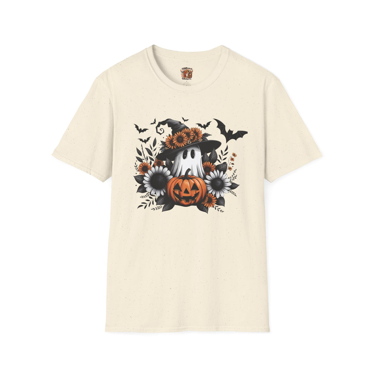 Halloween Pumpkin Ghost T‑Shirt — Floral Witch Hat & Bats Tee