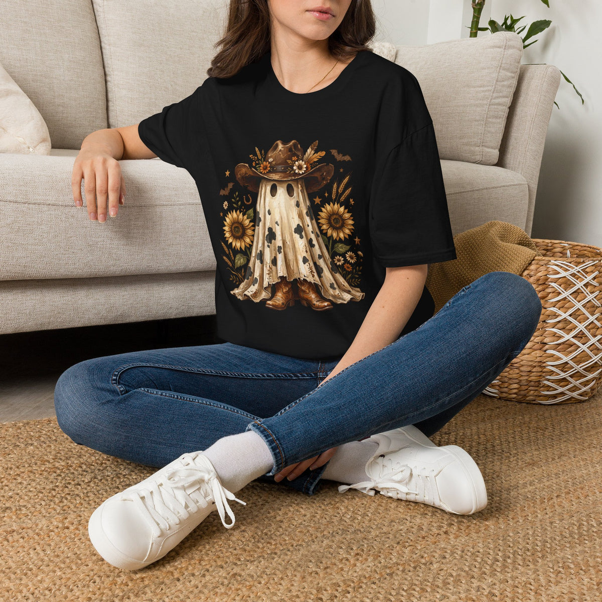 Ghost in Sunflowers T-Shirt — Fall Scarecrow Hat Halloween Tee