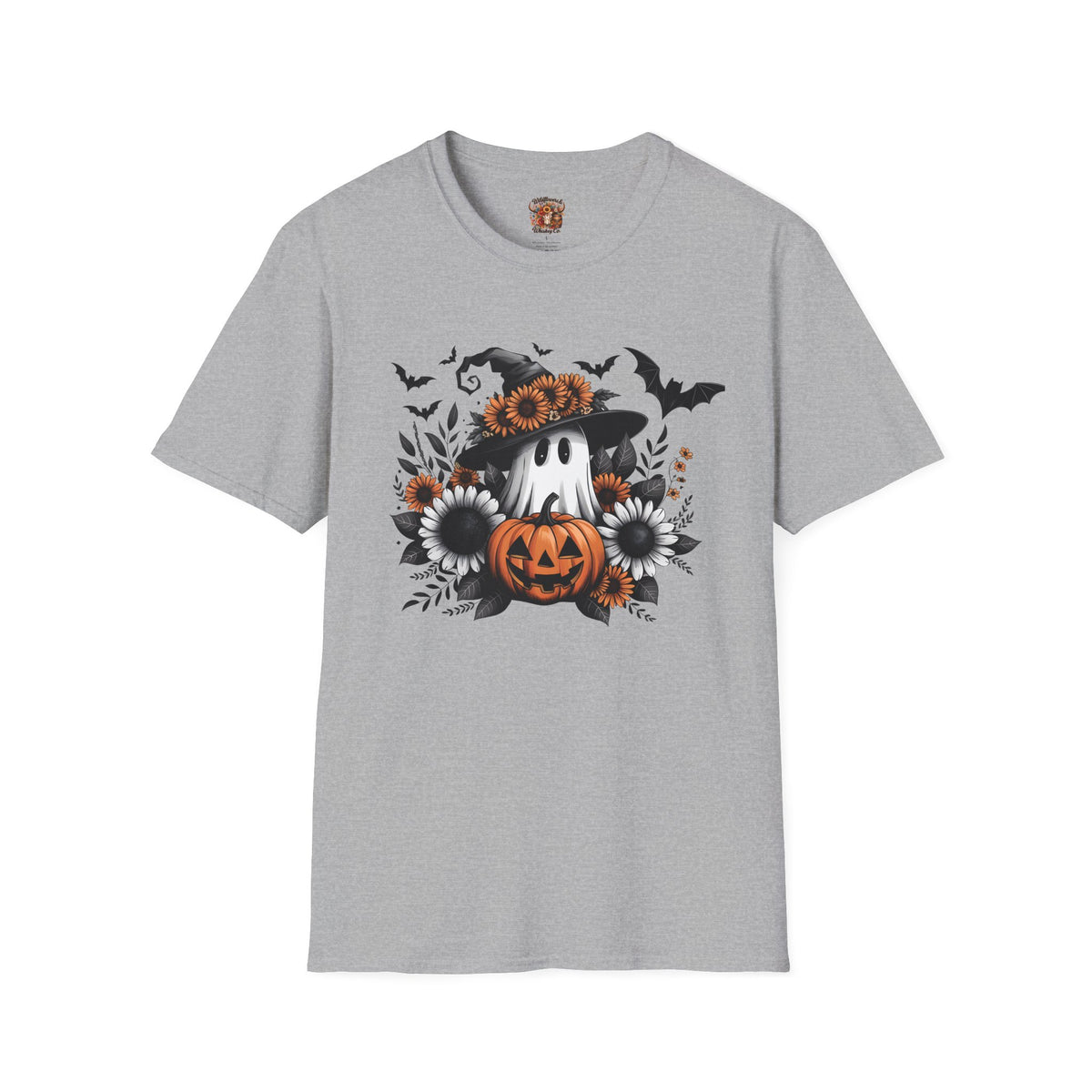 Halloween Pumpkin Ghost T‑Shirt — Floral Witch Hat & Bats Tee