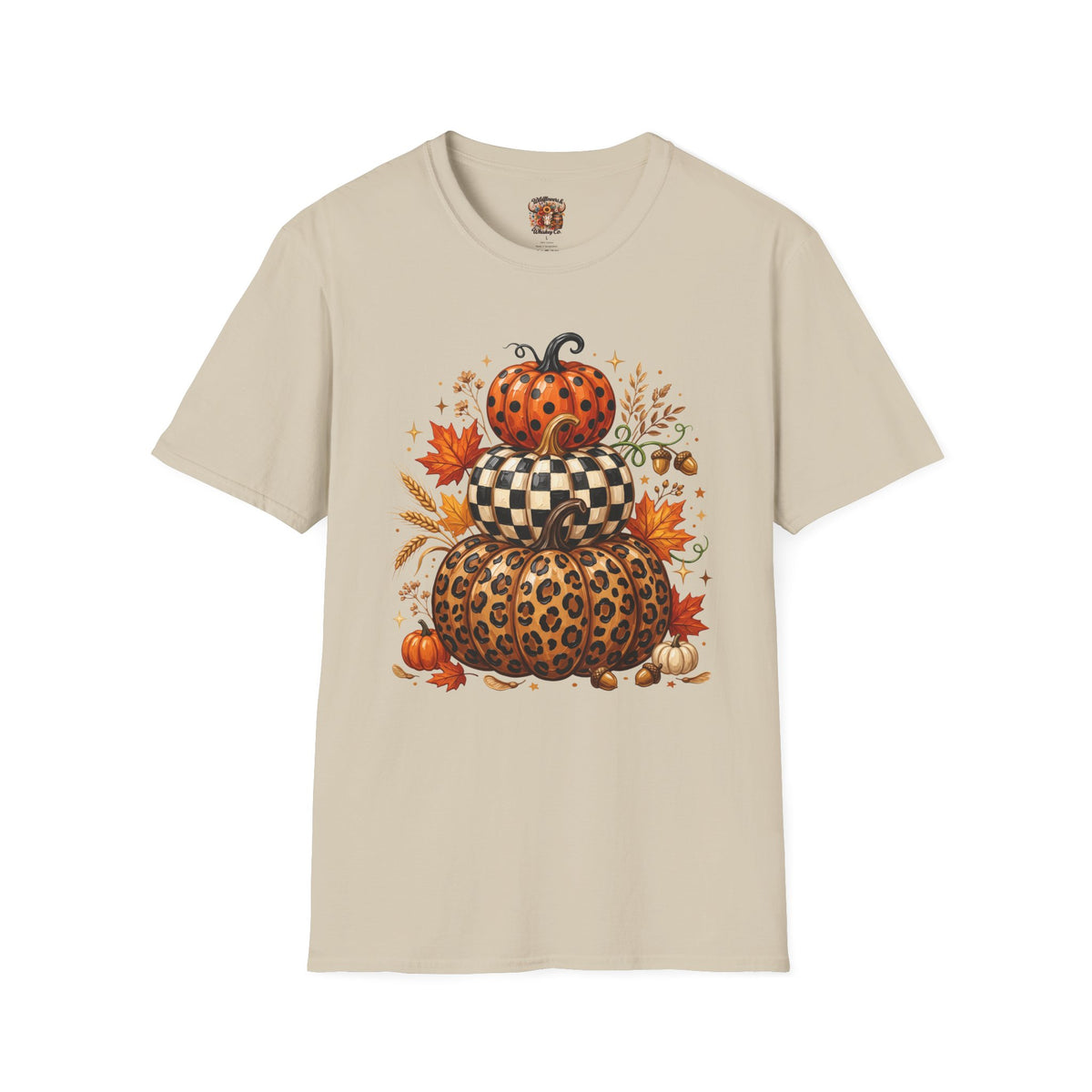 Stacked Pattern Pumpkins T-Shirt — Fall Leopard & Check Halloween Tee