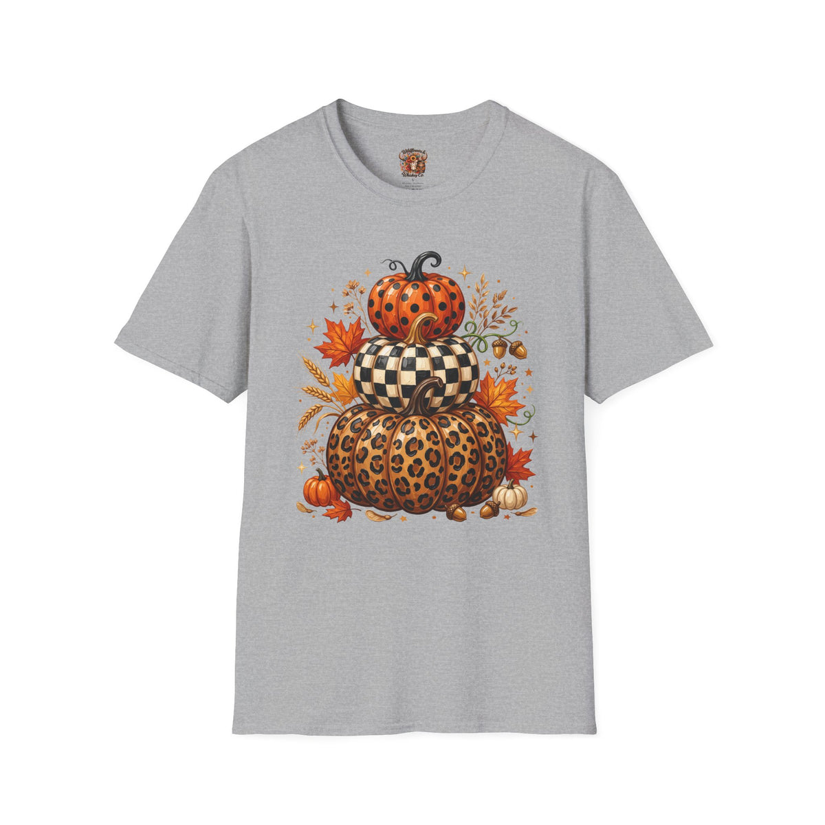 Stacked Pattern Pumpkins T-Shirt — Fall Leopard & Check Halloween Tee