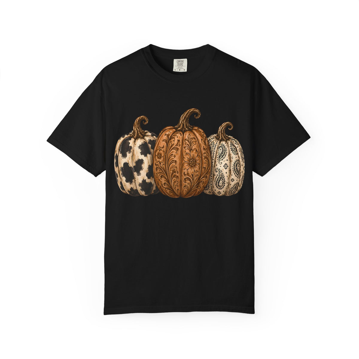 Pumpkin Trio Graphic T-Shirt — Rustic Paisley & Cowhide Fall Tee