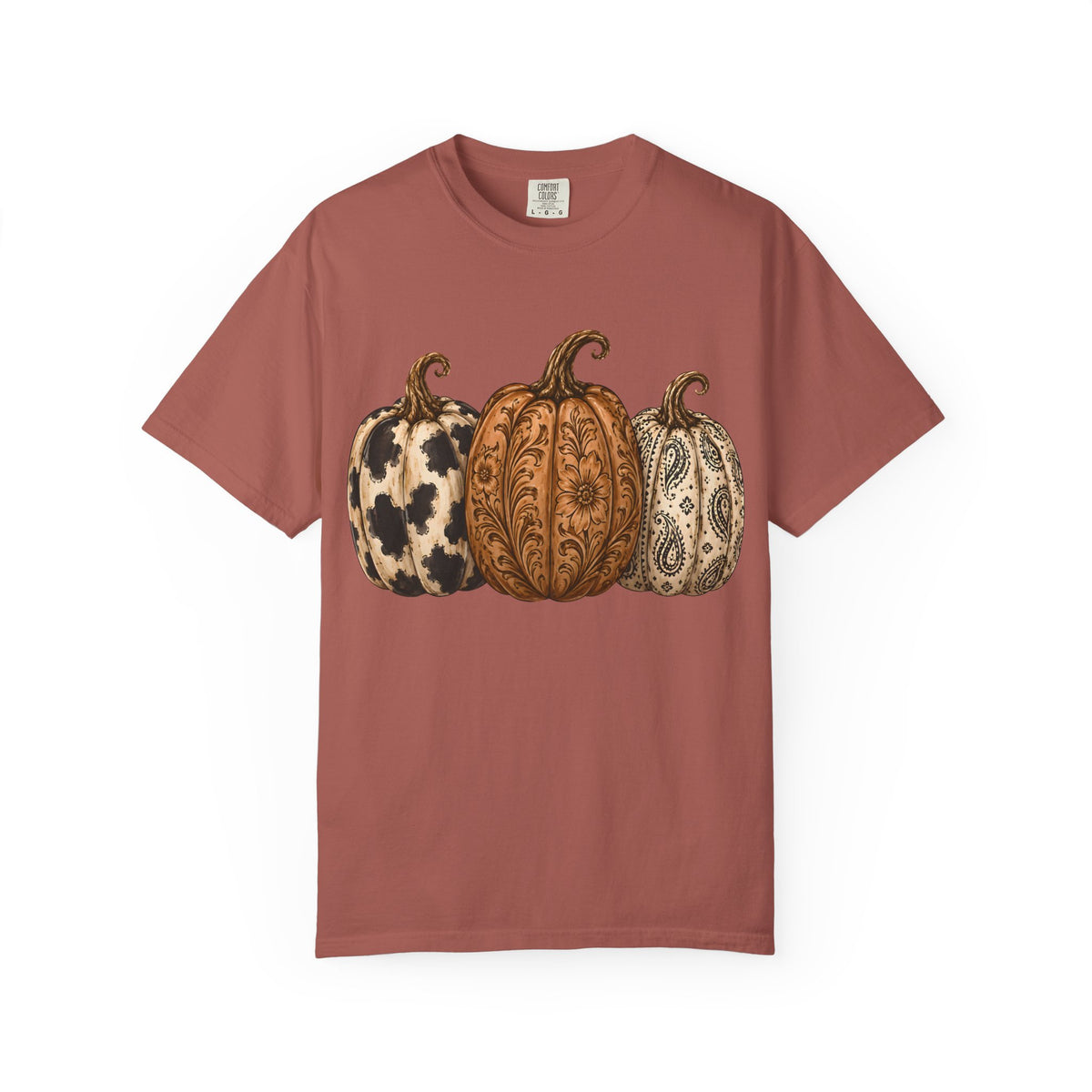 Pumpkin Trio Graphic T-Shirt — Rustic Paisley & Cowhide Fall Tee