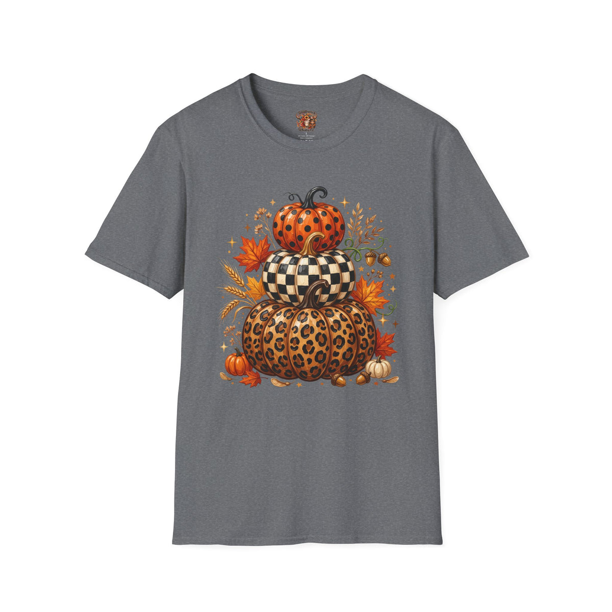 Stacked Pattern Pumpkins T-Shirt — Fall Leopard & Check Halloween Tee