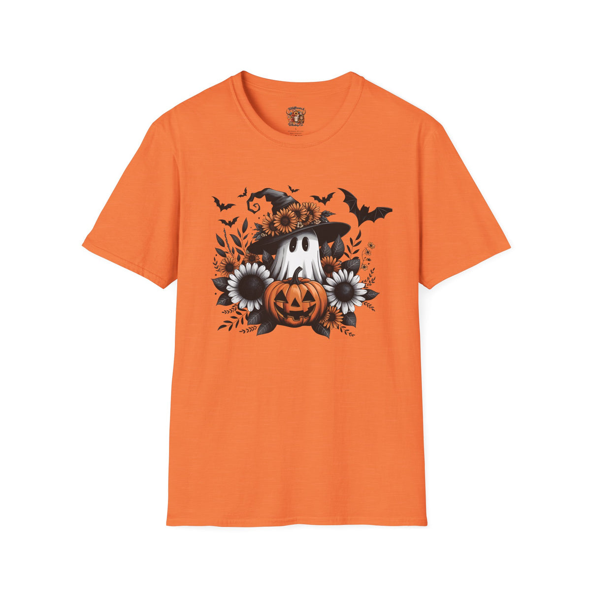 Halloween Pumpkin Ghost T‑Shirt — Floral Witch Hat & Bats Tee